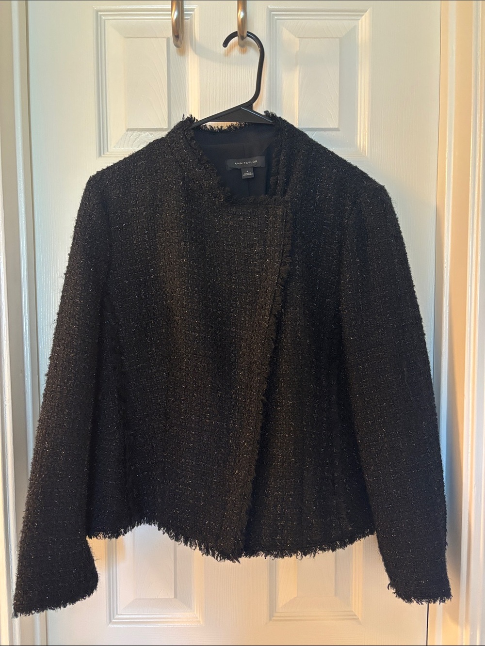Ann Taylor Black Metallic Sparkle Tweed Fringe Jacket Size 8